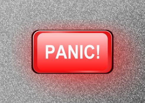 Illustration depitcting a single red electronic panic button on metalic surface.