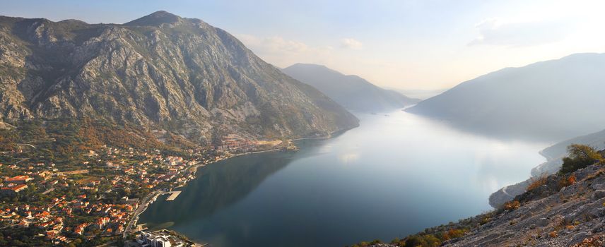 Beautiful landscape with sea and mountain. Risan, Montenegro