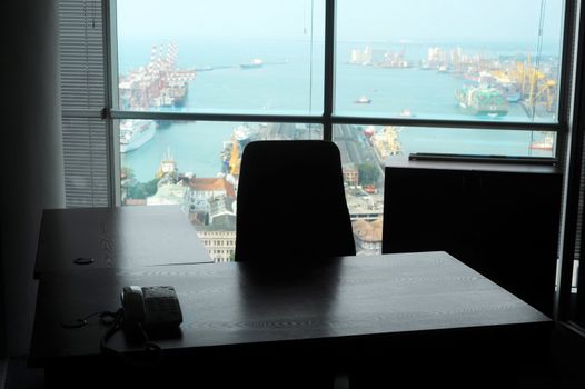 Office interior in Colombo World Trade Center with view on Colombo harbor. Sri Lanka