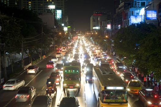 Bangkok, Thailand - March 26, 2011: Bangkok, Thailand - March 03, 2011: Traffic jam in Bangkok in he evening. Bangkok had one of the worst traffic problems in the world with unbelievable traffic jams.