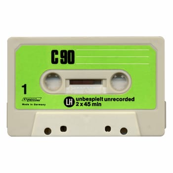 Magnetic tape cassette for audio music recording - isolated over white background