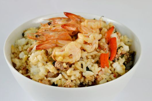 Shrimp and  minced pork fried with chili pepper and  sweet basil on rice