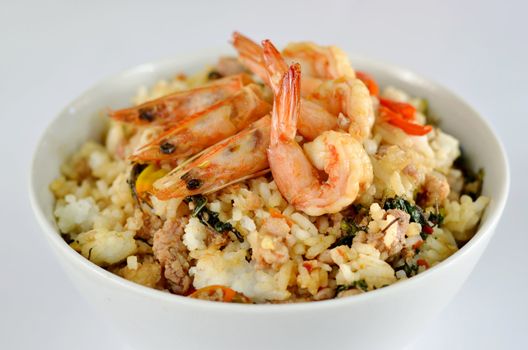 Shrimp and  minced pork fried with chili pepper and  sweet basil on rice