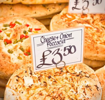 Freshly baked italian foccacia at a market stall in the UK