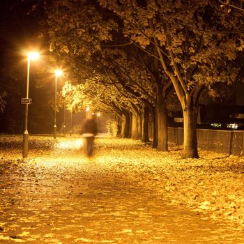 Lovely square image of a blurred person waling along a path at night with autumn leaves