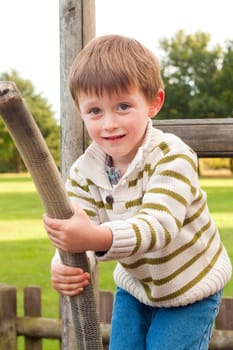 Little boy playing on a zip wire in a park