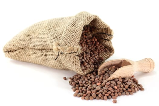 a sack of mountain lentils on a light background