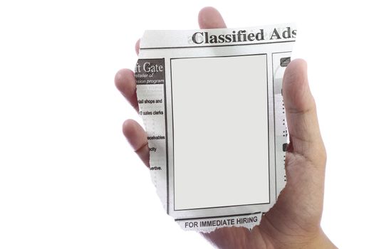 Blank classified ads with hand in white background.