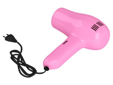 Pink hair dryer isolated on white background