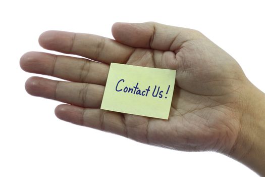 Woman's hand with card that say contact us.