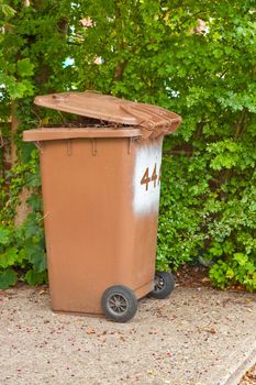 A recycling bin for garden waste overflowing