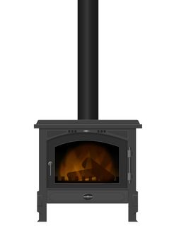 Illustration of a typical interior iron wood burning stove with white background.