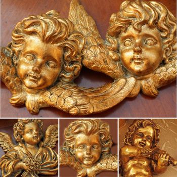 collage with golden antique angels decors