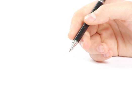Hand and pen on the white background