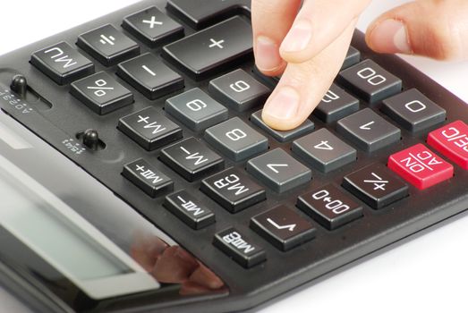 calculator with hand isolated on white