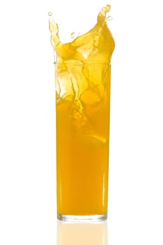 orange juice splash on white reflective background.