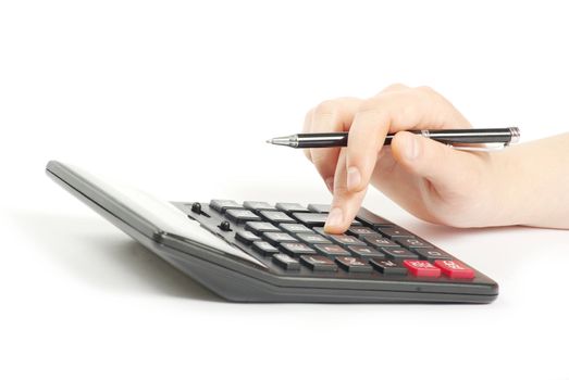 calculator with hand isolated on white