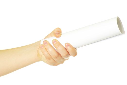 Diploma with a red ribbon in hand isolated on white 