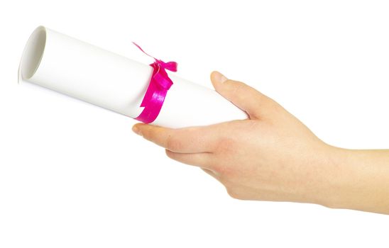 Diploma with a red ribbon in hand isolated on white 