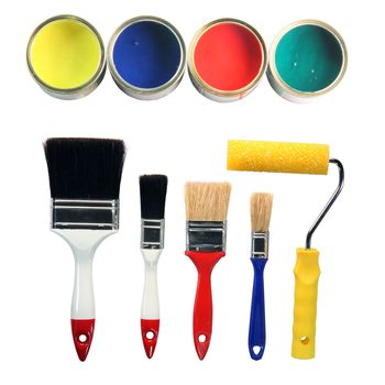 four color cans and four paint brushes and paint roll totaly isolated on white background hardware tools