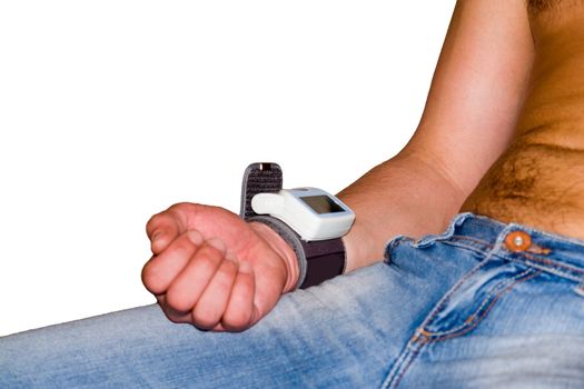tonometer on a hand, isolated on white