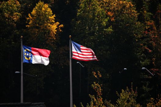 North Carolina and American flag blowing in the breeze