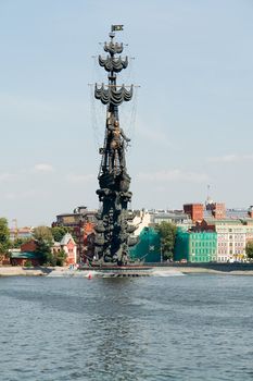 Moscow River. Large monument to tsar Peter the First.
