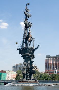 Moscow River. Large monument to tsar Peter the First.