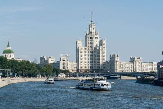 Sight at the river Moskva and a high-altitude building
