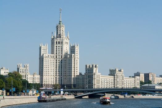 Sight at the river Moskva and a high-altitude building