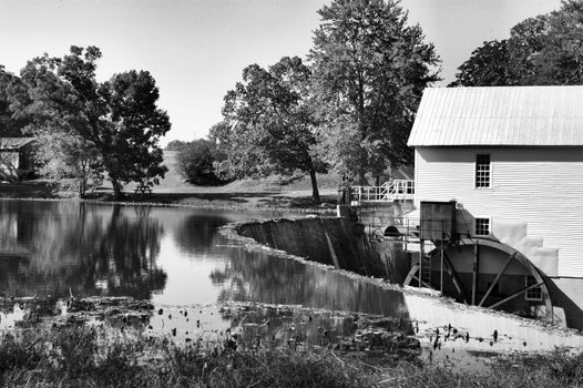 A fall mill scence in black and white