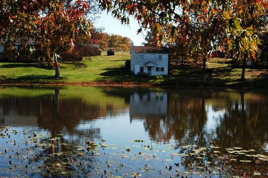 An old house on a small pond during the fall of the year