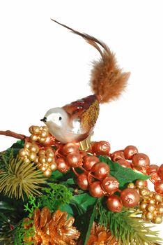 The small Glass Christmas bird ornamentwith floral  isolated on the white. 