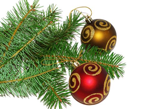 Two ball ornaments with pine isolated on the white background.  