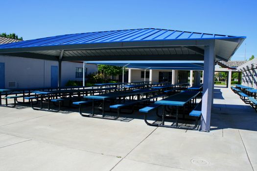 New outdoor cafeteria on a sunny day.
