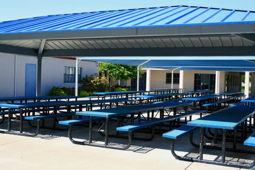 New outdoor cafeteria on a sunny day.
