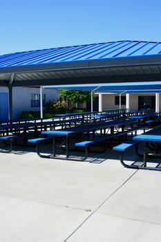 New outdoor cafeteria on a sunny day.
