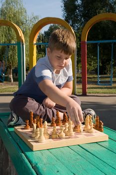 little boy play a chess in park