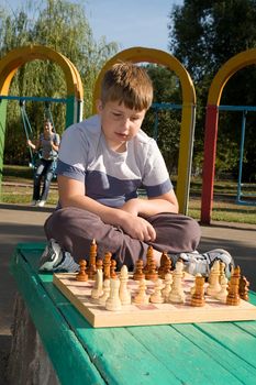 little boy play a chess in park