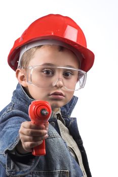 Portrait of a boy in a red protective helmet