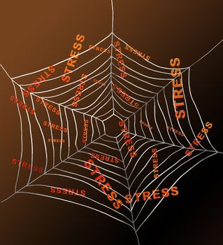 Illustration depicting a spiderweb with the words 'stress' trapped by the threads. Dark background.