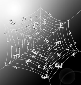 Illustration depicting a spiderweb with Pound signs trapped by the threads. Dark with strong sunlight background.