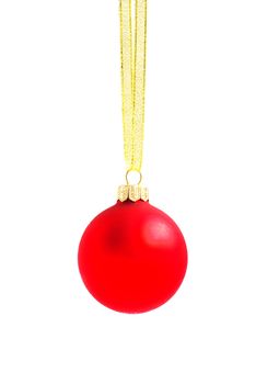 Christmas ball hanging with ribbons on white background