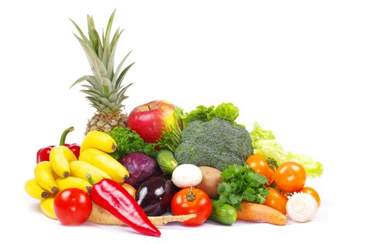 Fresh fruits and vegetables isolated on white