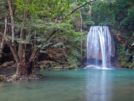 Emerald color water in tier third of Erawan waterfall, Erawan National Park, Kanchanaburi, Thailand
