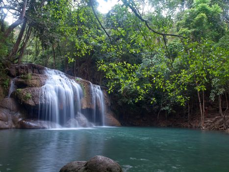 Emerald color water in tier second of Erawan waterfall, Erawan National Park, Kanchanaburi, Thailand