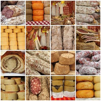 collage with traditional typical italian sausages and cheese on tuscan farmer market, Italy, Europe