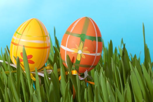 Colorful Easter eggs on a blue background