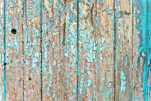 Peeling paint on weathered wood as a detailed background image