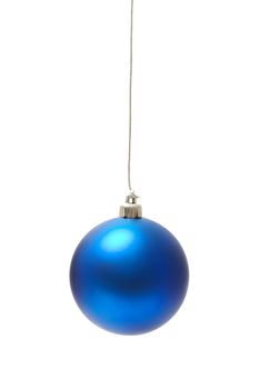 Christmas ball hanging with ribbons on white background